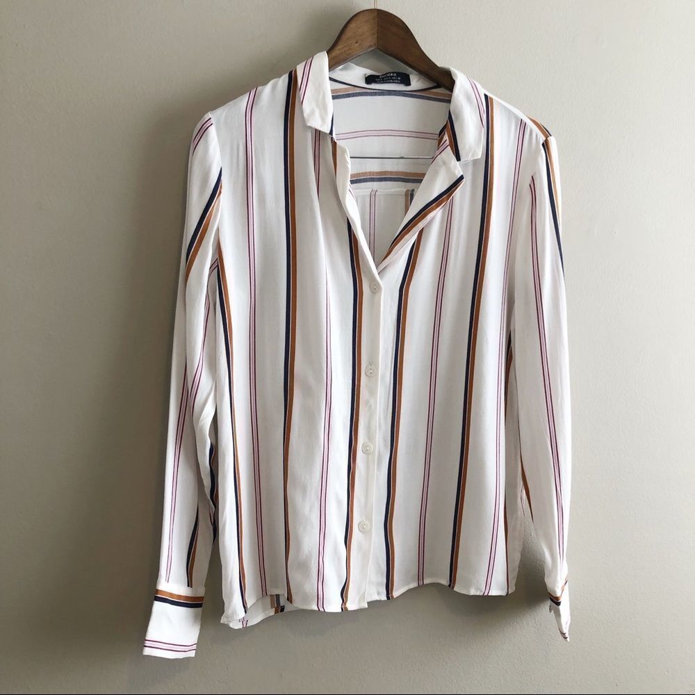 ✨$7 CLEAR-OUT✨ Bershka Button Down Striped Long Sleeve Semi Sheer Blouse Shirt